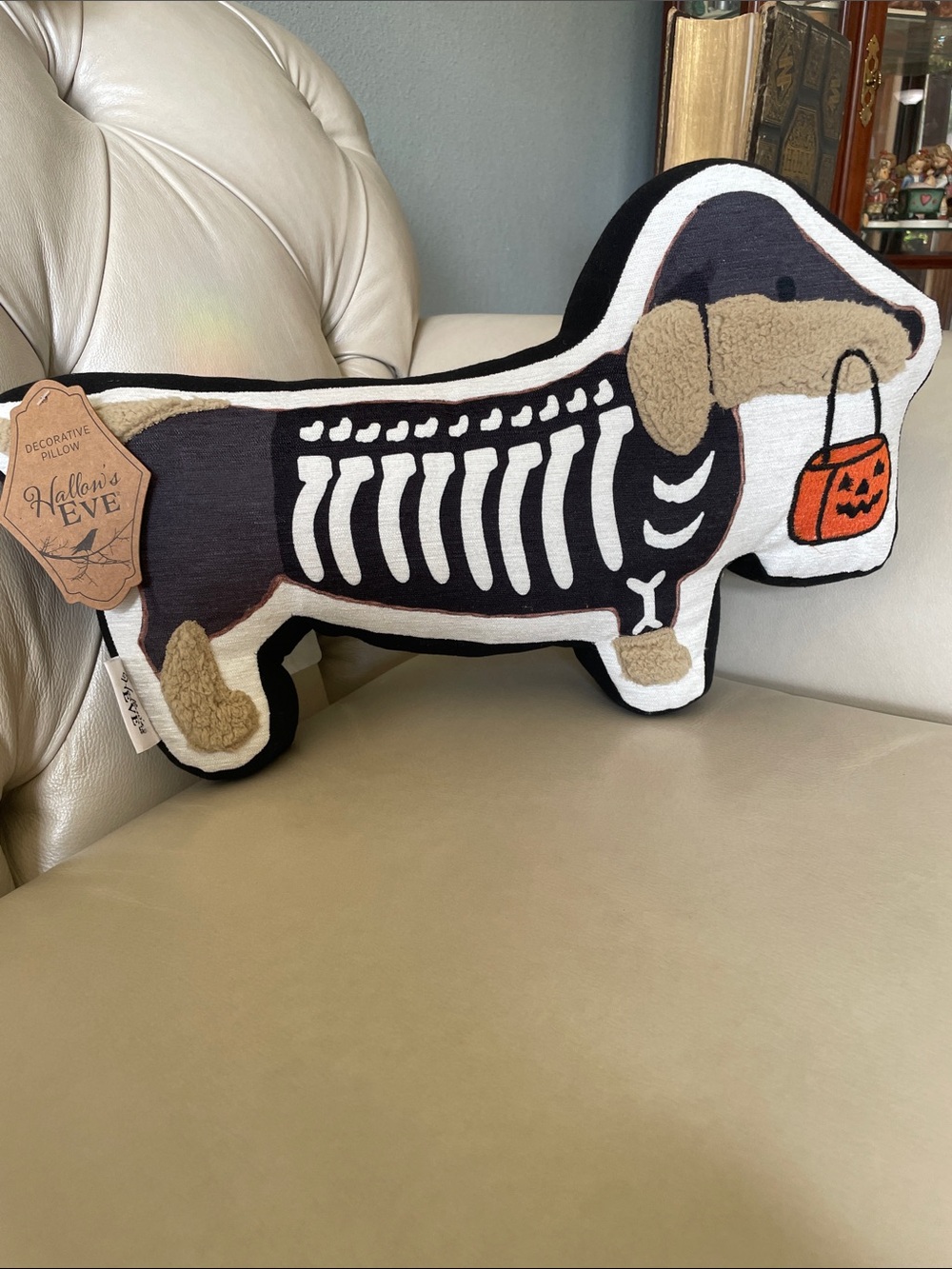 Halloween Dachshund Skeleton Decorative Pillow - Black, White & Orange